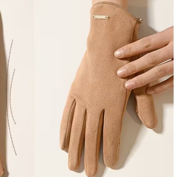 Women's Beautiful Faux Suede Thermal Touchscreen Gloves w/ Silky Lining in Camel - Picture 4 of 6